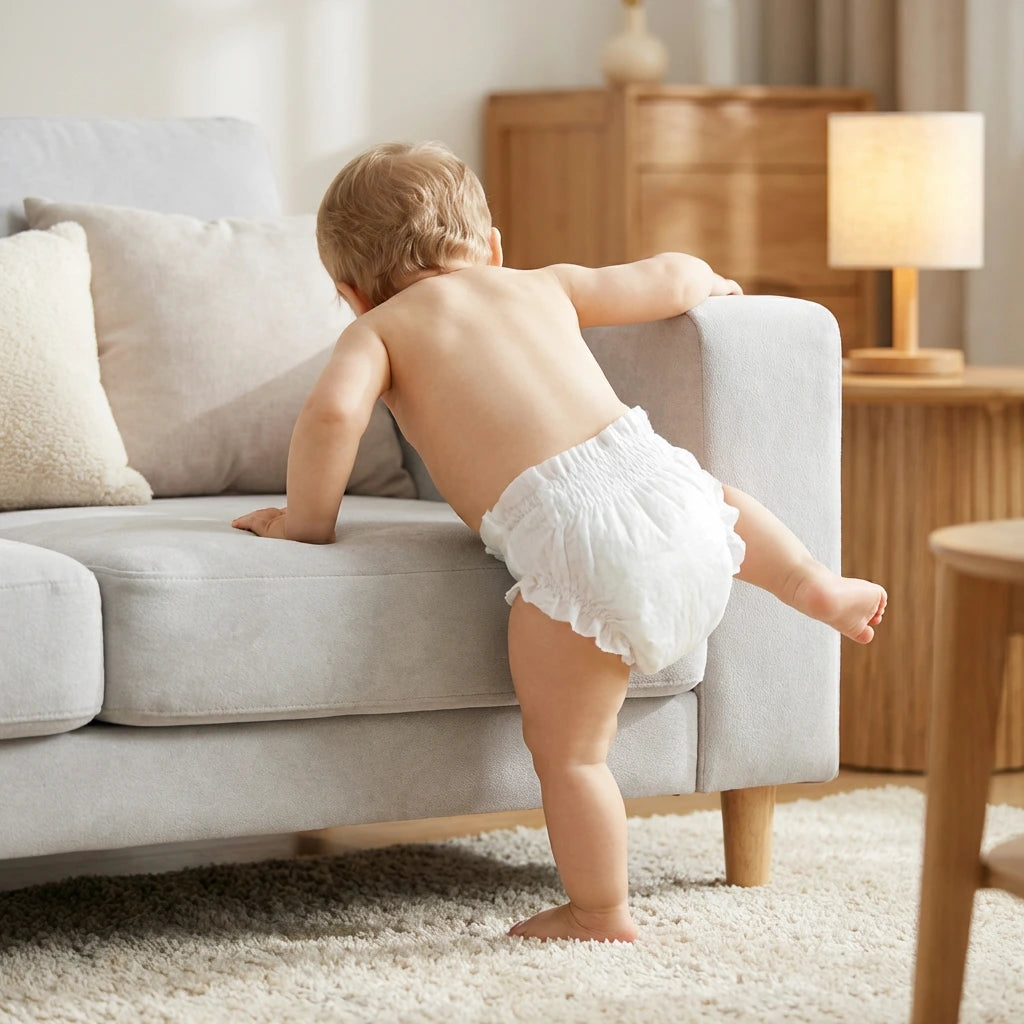 baby playing in breathable, lightweight dryper diaper with soft leg cuffs to prevent leaks