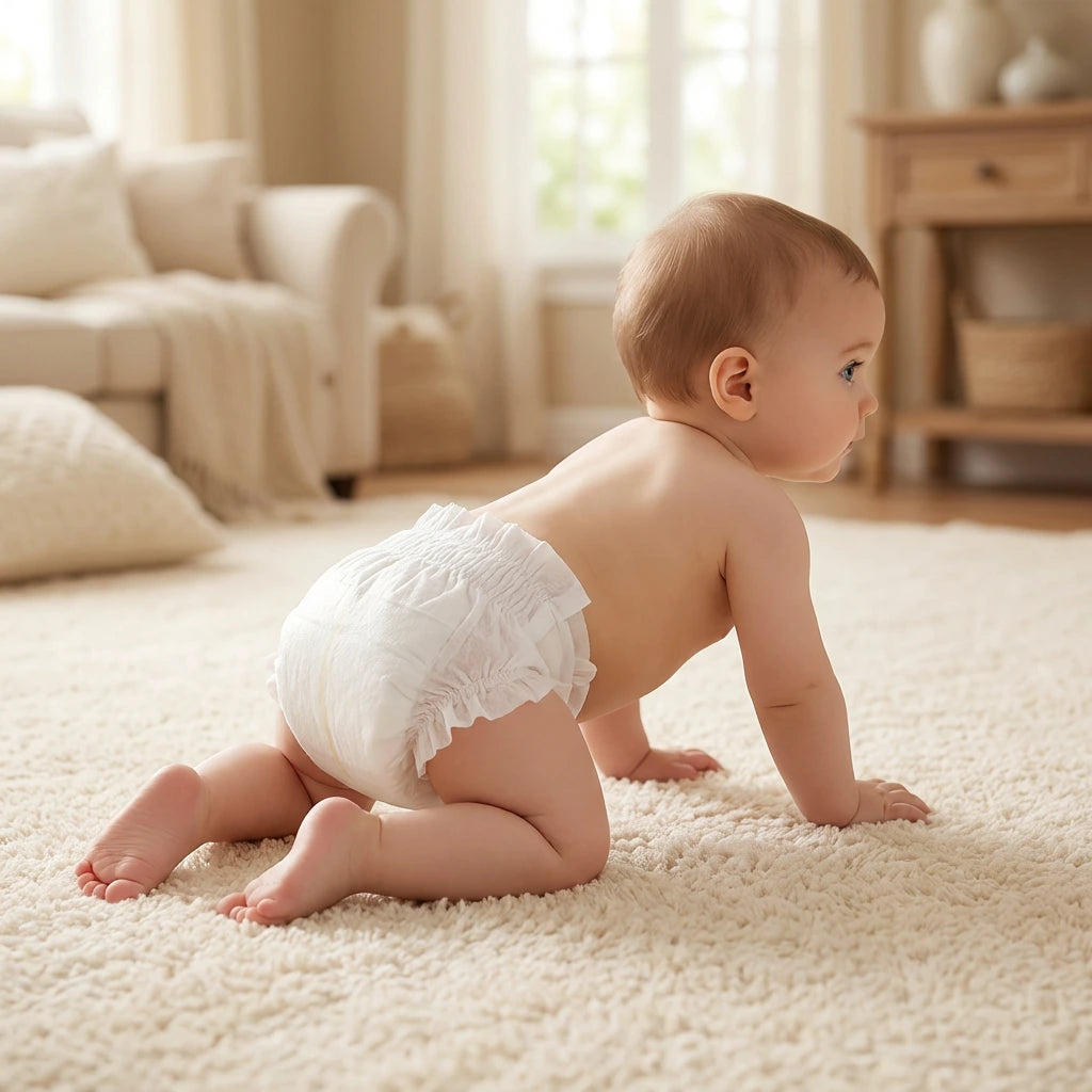 Active toddler crawling comfortably in ultra-thin dryper diaper with a flexible 360° leak guard fit