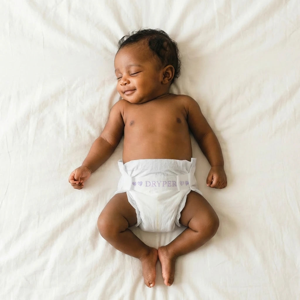 Happy newborn baby sleeping soundly in soft, hypoallergenic dryper diapers for 12h overnight dryness