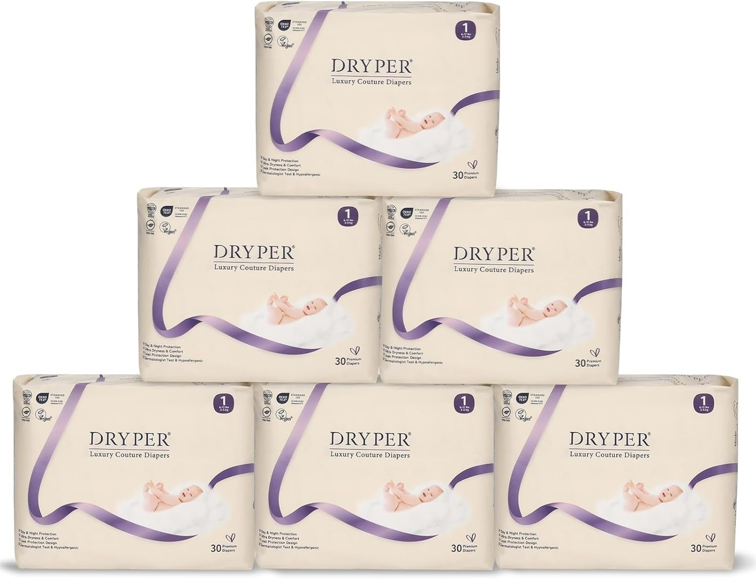 DRYPER Premium Monthly Box Baby Diapers, Size 1 Newborn, 180 Count - Front Packaging