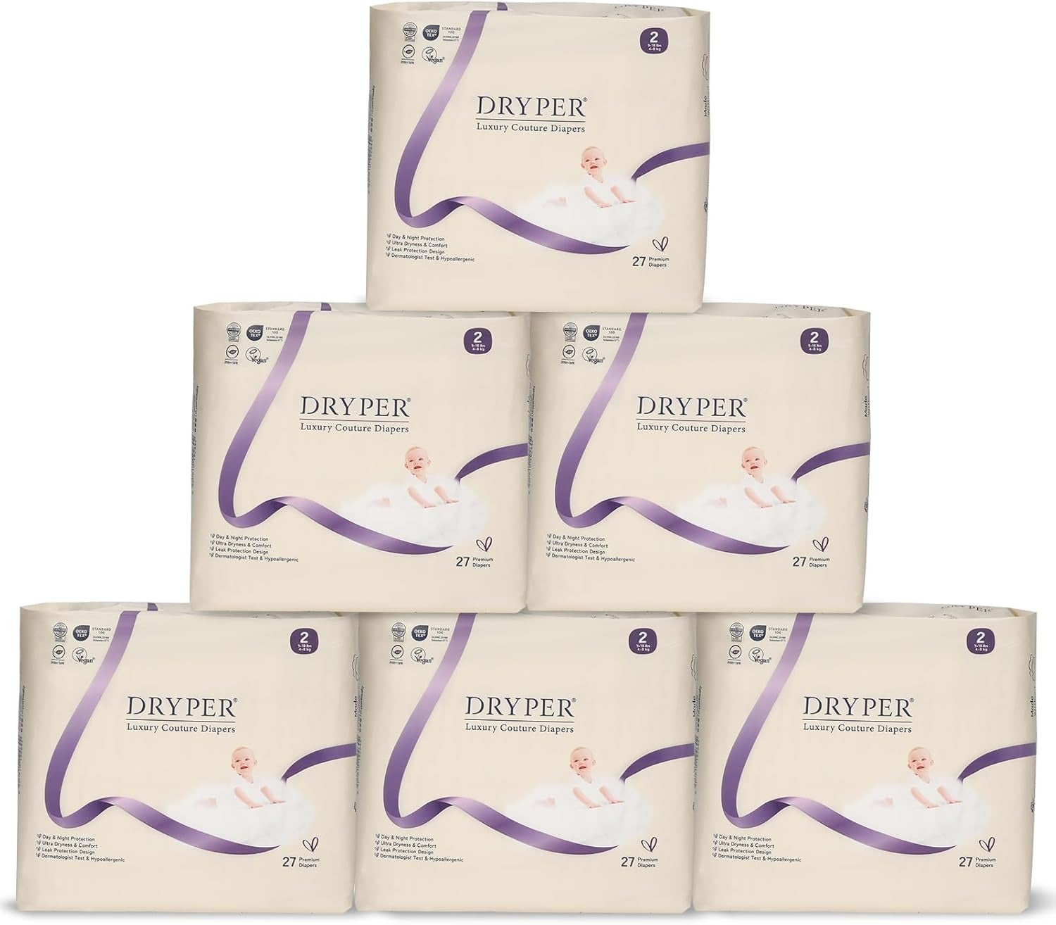 DRYPER Premium Monthly Box Baby Diapers, Size 2 Newborn, 162 Count - Front Packaging