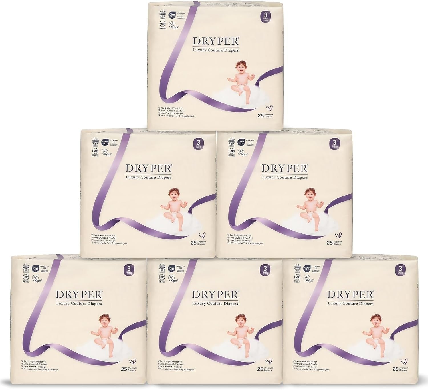 DRYPER Premium Monthly Box Baby Diapers, Size 3 Newborn, 150 Count - Front Packaging