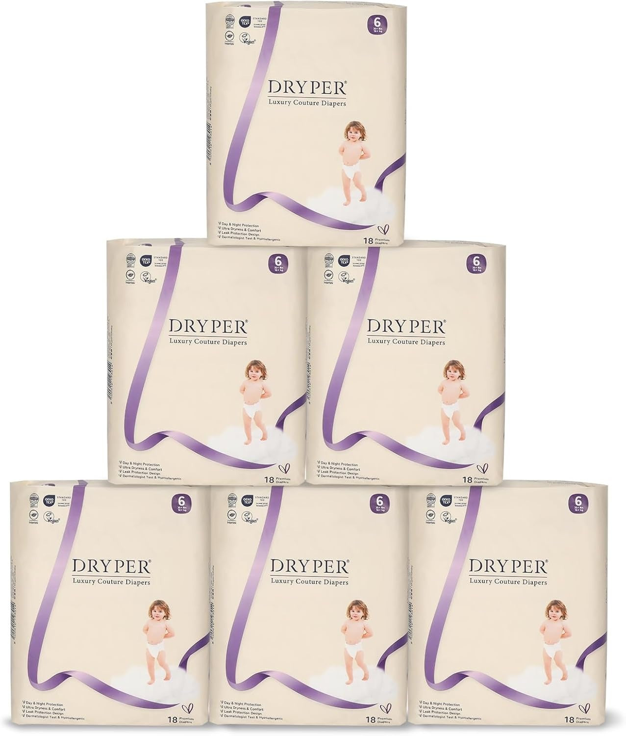 DRYPER Premium Monthly Box Baby Diapers, Size 6 Newborn, 108 Count - Front Packaging